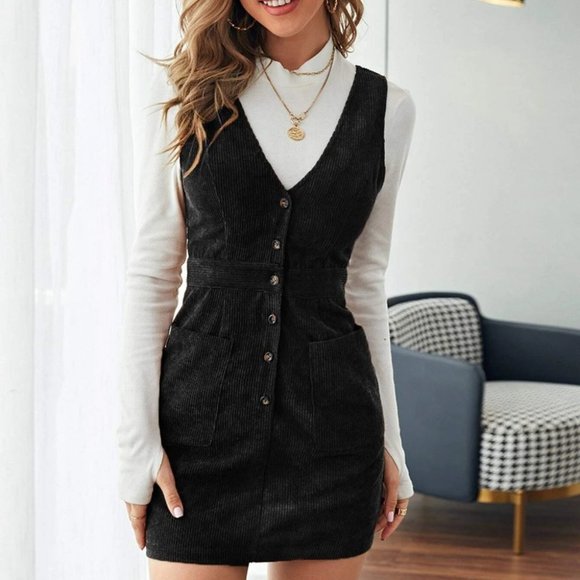 . Dresses & Skirts - Black Preppy Womens Single Breasted Patch Pocket Cord Overall Dress